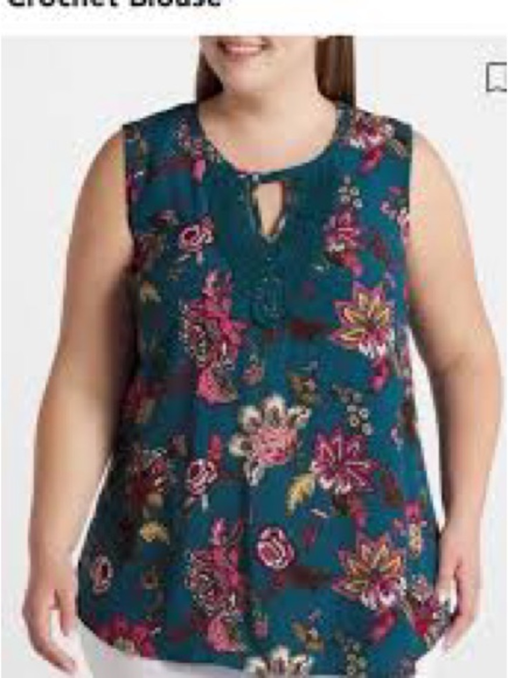 Sleeveless Teal Floral Crochet-Trim Blouse